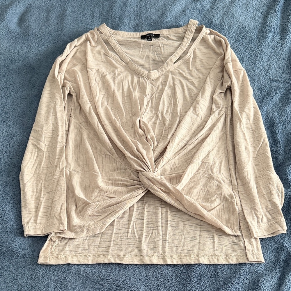 Very J Beige Twist Front Long Sleeve Top